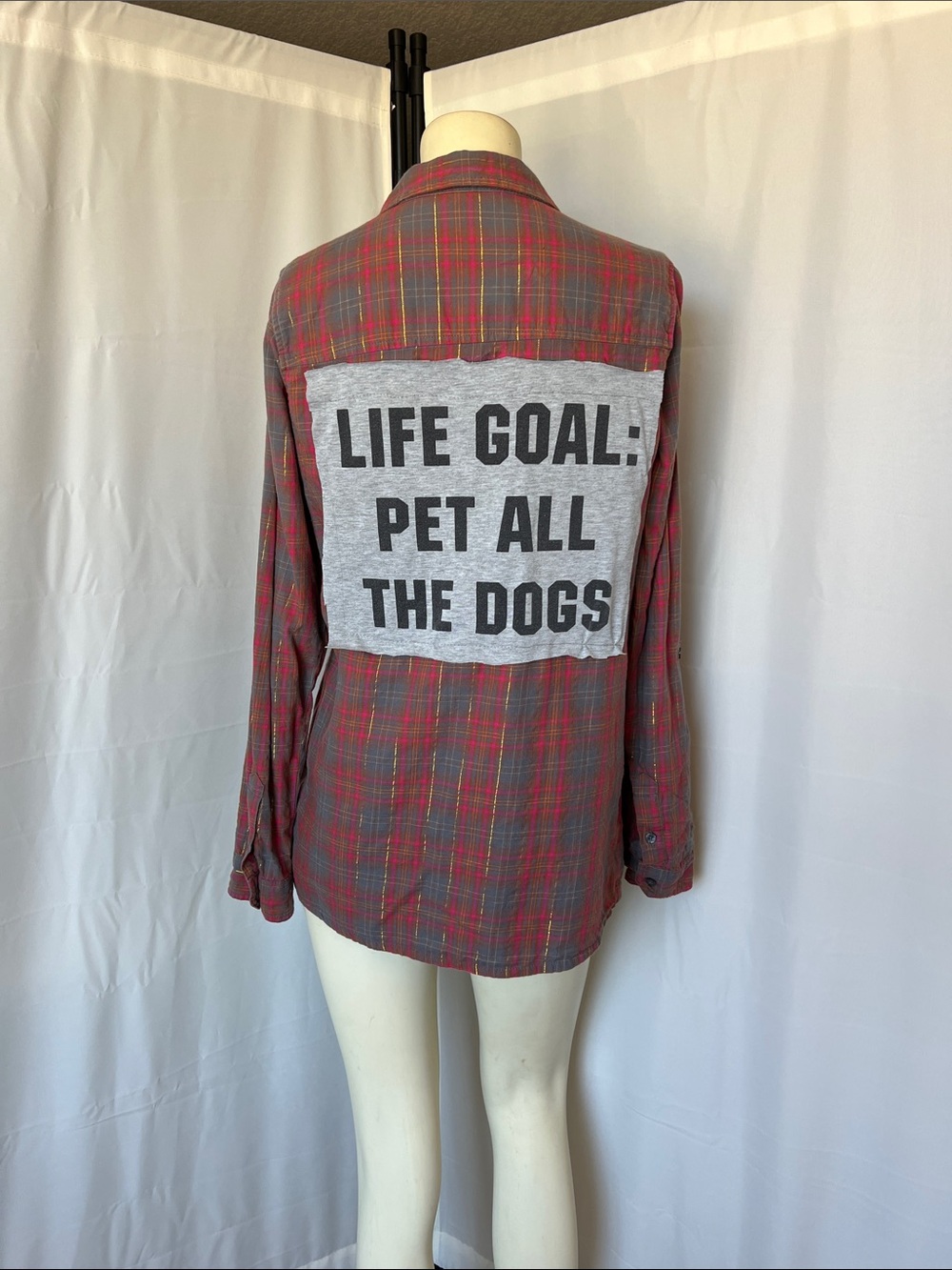 Upcycled Pet Lover Plaid Shirt Jacket - Gray Patch, Red and gray Plaid